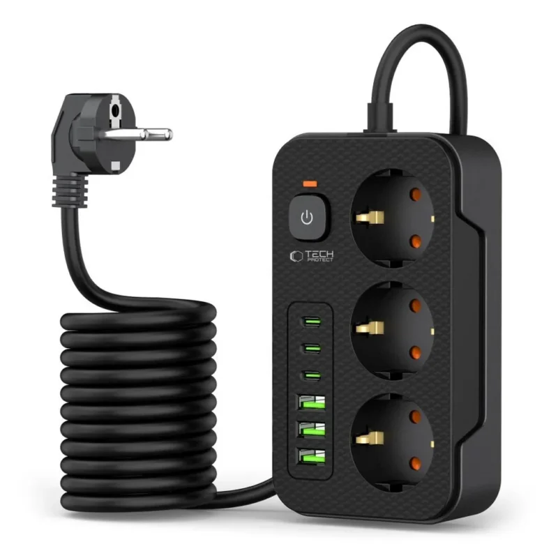 tech-protect-pc3x6-stromskinne-3-uttak-240v-3xusb-a-3xusb-c-200cm-svart