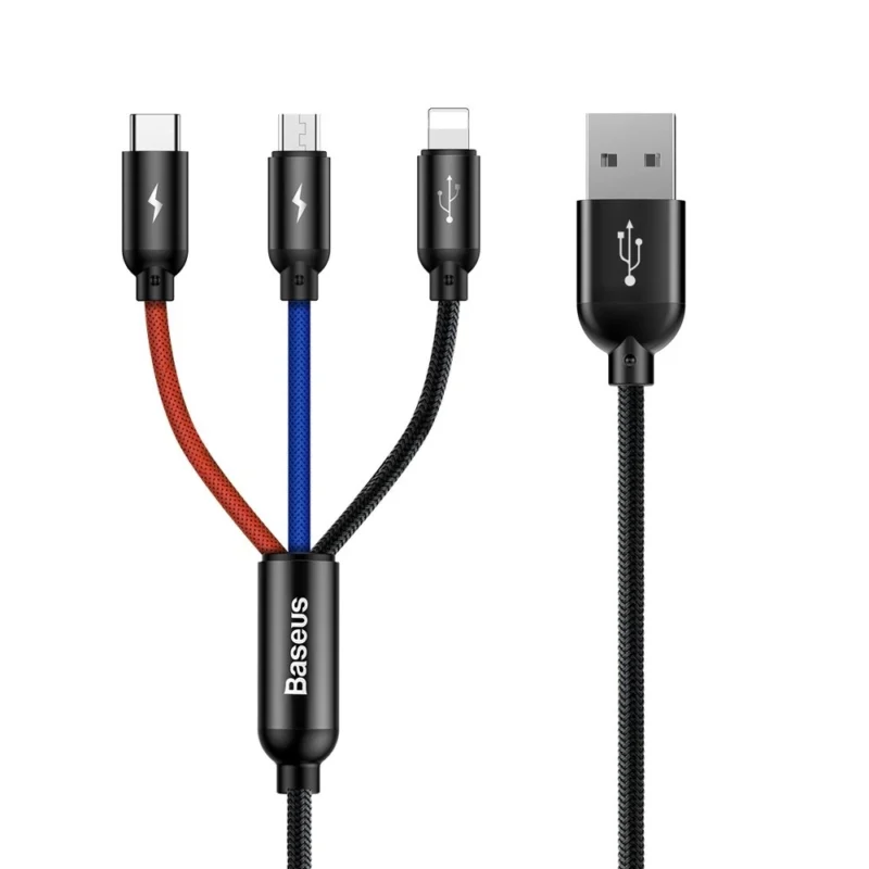 baseus tre primaerfarger 3i1 usb a micro usb lightning usb c 35a kabel