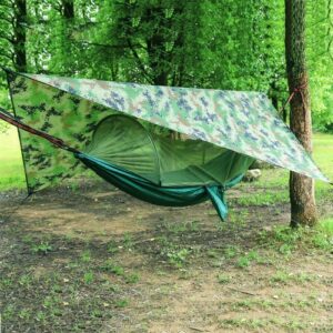 250 x 120cm Anti-mygge Hengekøye og Tarp Sett Vanntett Solbeskyttelse Campingutstyr (Mørk Grønn + Kamuflasje)