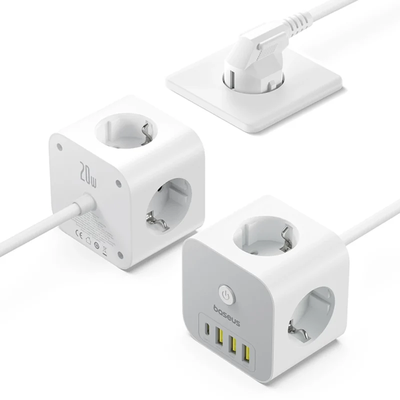 Baseus PowerCombo 7 i 1 Strømfordeler Kubus, 3 AC + 3 x USB-A + 1 x USB-C 20W 1,5 m - hvit