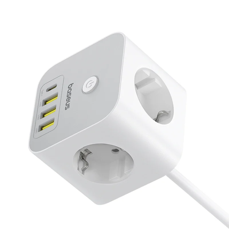 Baseus PowerCombo 7 i 1 Strømfordeler Kubus, 3 AC + 3 x USB-A + 1 x USB-C 20W 1,5 m - hvit