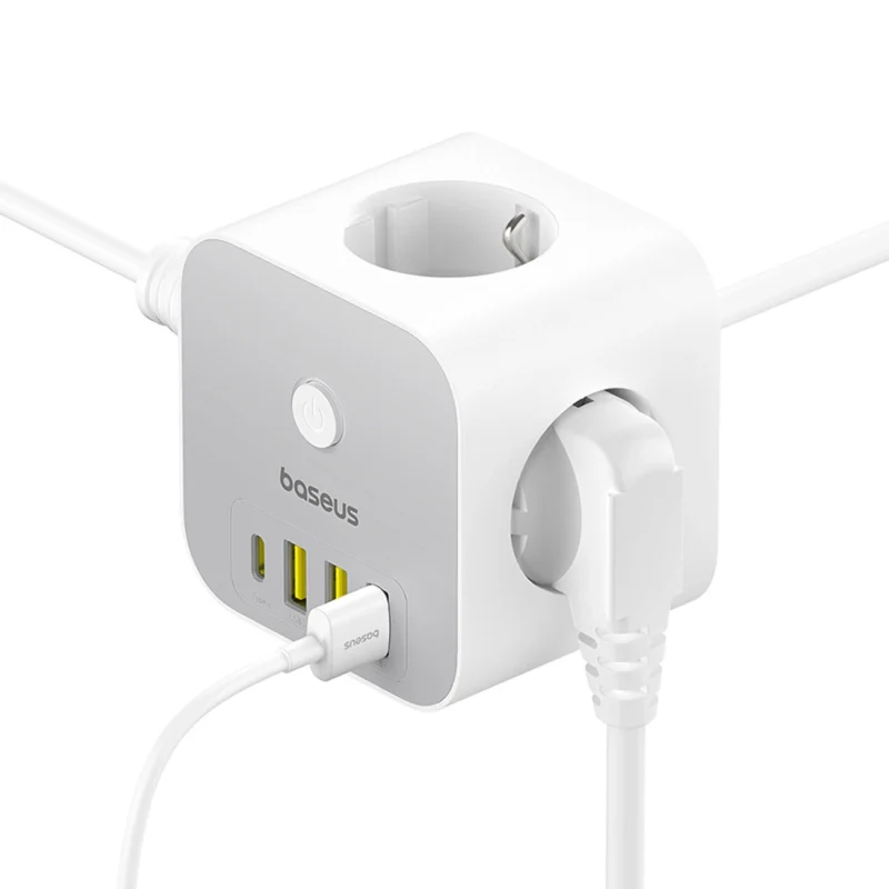 Baseus PowerCombo 7 i 1 Strømfordeler Kubus, 3 AC + 3 x USB-A + 1 x USB-C 20W 1,5 m - hvit