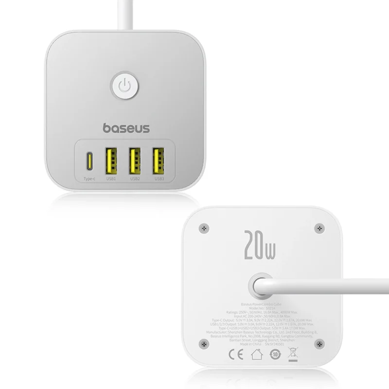 Baseus PowerCombo 7 i 1 Strømfordeler Kubus, 3 AC + 3 x USB-A + 1 x USB-C 20W 1,5 m - hvit