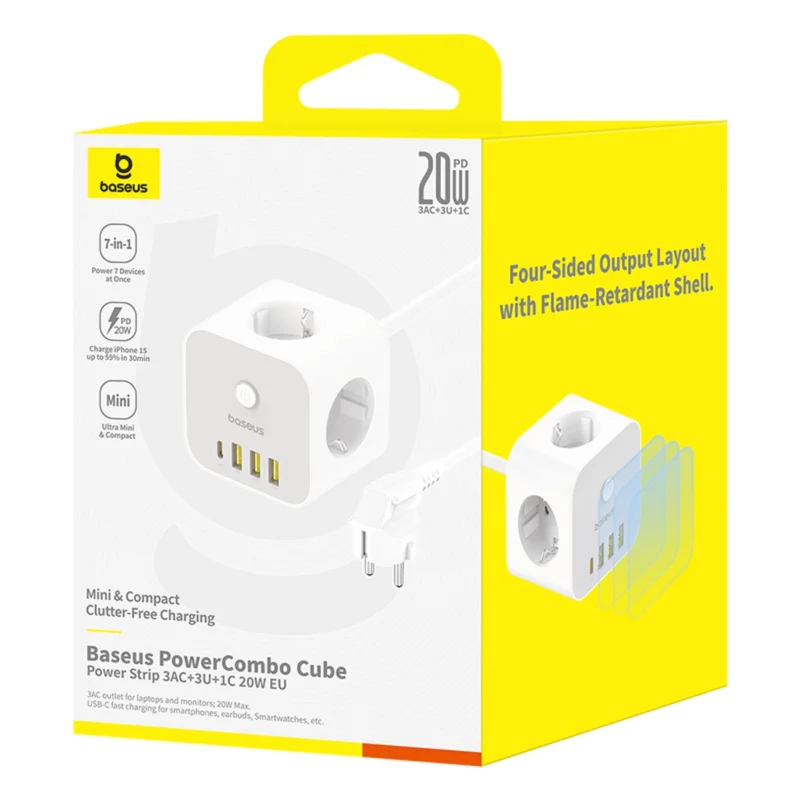 Baseus PowerCombo 7 i 1 Strømfordeler Kubus, 3 AC + 3 x USB-A + 1 x USB-C 20W 1,5 m - hvit