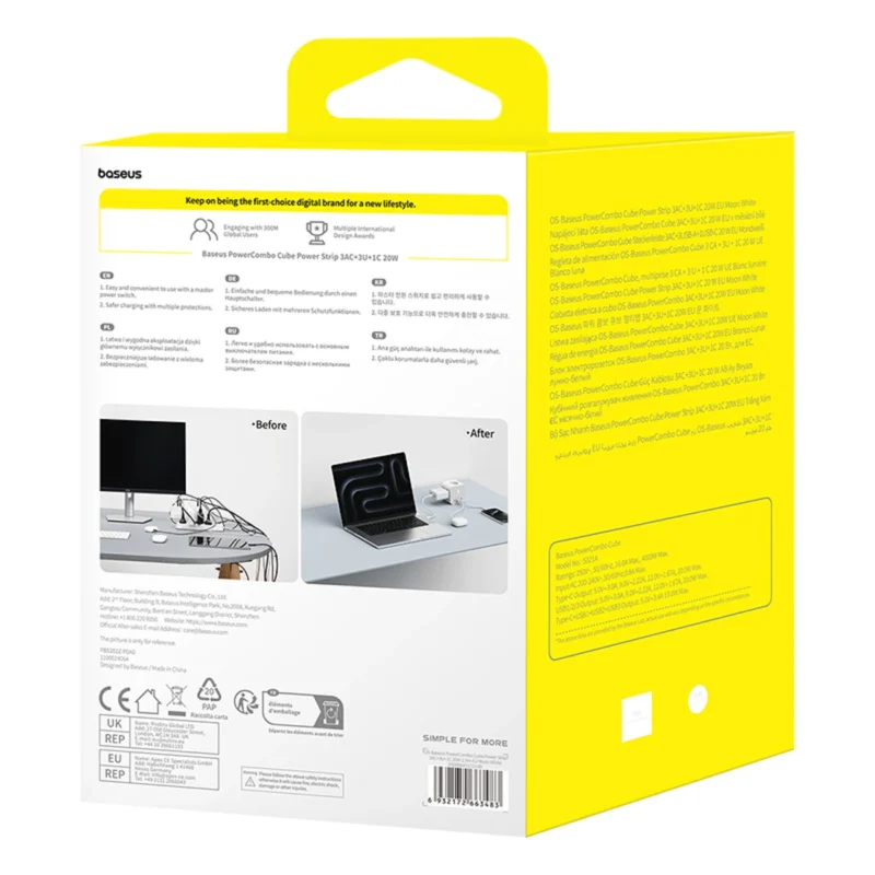 Baseus PowerCombo 7 i 1 Strømfordeler Kubus, 3 AC + 3 x USB-A + 1 x USB-C 20W 1,5 m - hvit