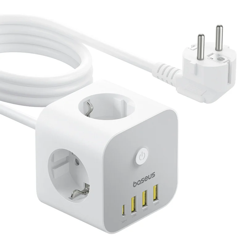 Baseus PowerCombo 7 i 1 Strømfordeler Kubus, 3 AC + 3 x USB-A + 1 x USB-C 20W 1,5 m - hvit