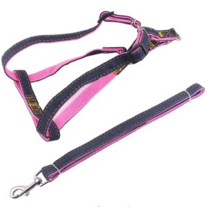 BG-Q1025 Bånd + Brystsele Tykk Styrket Denim Katt/Hund Båndsett, Størrelse: S (Rosa)