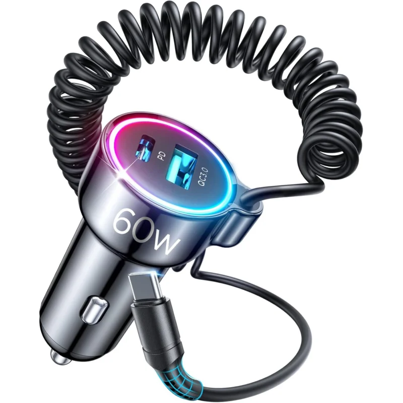Joyroom 3 i 1 hurtiglader for bil med USB Type C-kabel 1,6 m 60W svart (JR-CL07)