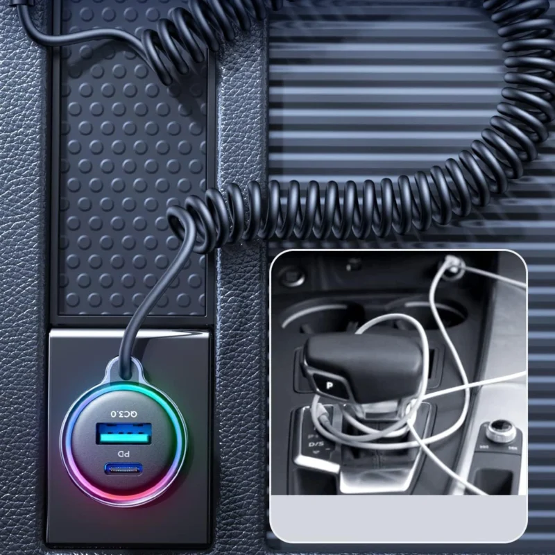 Joyroom 3 i 1 hurtiglader for bil med USB Type C-kabel 1,6 m 60W svart (JR-CL07)