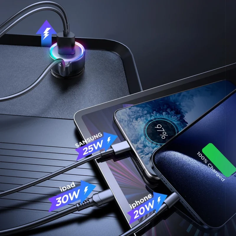 Joyroom 3 i 1 hurtiglader for bil med USB Type C-kabel 1,6 m 60W svart (JR-CL07)