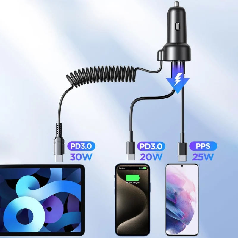 Joyroom 3 i 1 hurtiglader for bil med USB Type C-kabel 1,6 m 60W svart (JR-CL07)