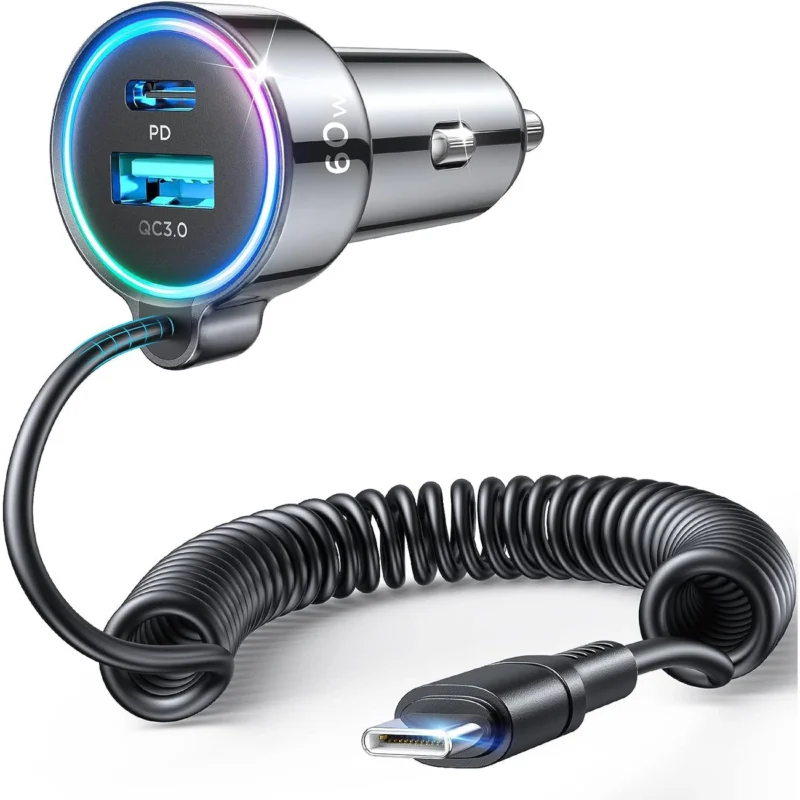 Joyroom 3 i 1 hurtiglader for bil med USB Type C-kabel 1,6 m 60W svart (JR-CL07)