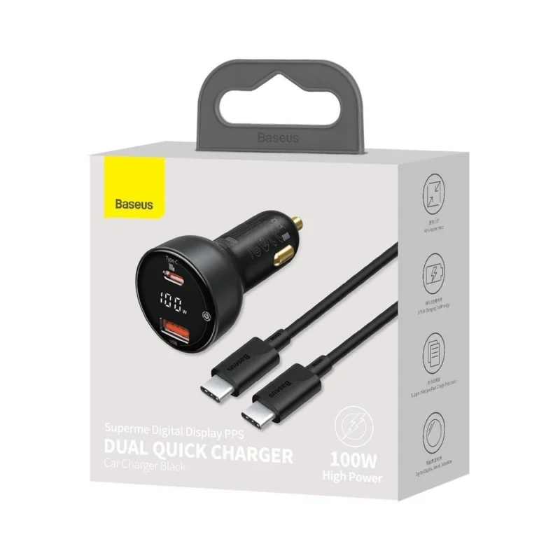 Baseus Superme hurtiglader for bil USB / USB Type C 100W PPS Hurtiglading Power Delivery + USB kabel Type C 100W (20V/5A) 1m svart (TZCCZX-01)