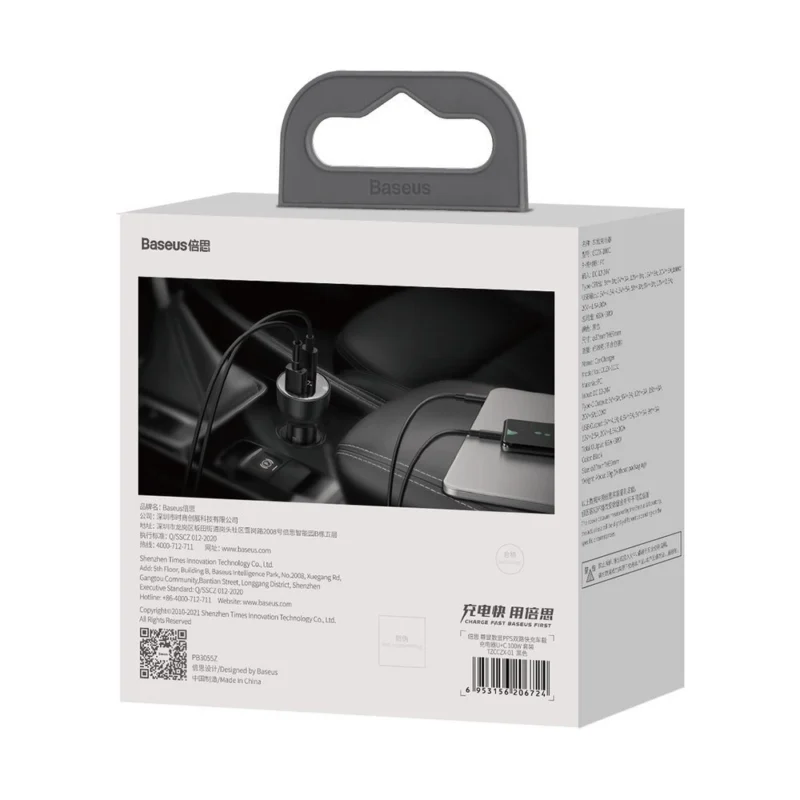 Baseus Superme hurtiglader for bil USB / USB Type C 100W PPS Hurtiglading Power Delivery + USB kabel Type C 100W (20V/5A) 1m svart (TZCCZX-01)