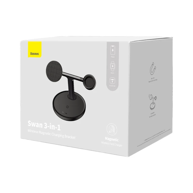 Baseus Swan induksjonslader (kompatibel med MagSafe) stativ for iPhone, Apple Watch, AirPods + 1m USB-C-kabel svart (WXTE000101)