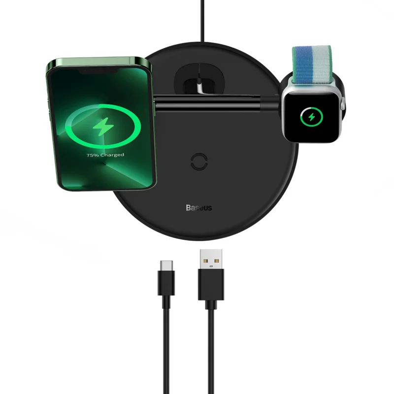 Baseus Swan induksjonslader (kompatibel med MagSafe) stativ for iPhone, Apple Watch, AirPods + 1m USB-C-kabel svart (WXTE000101)