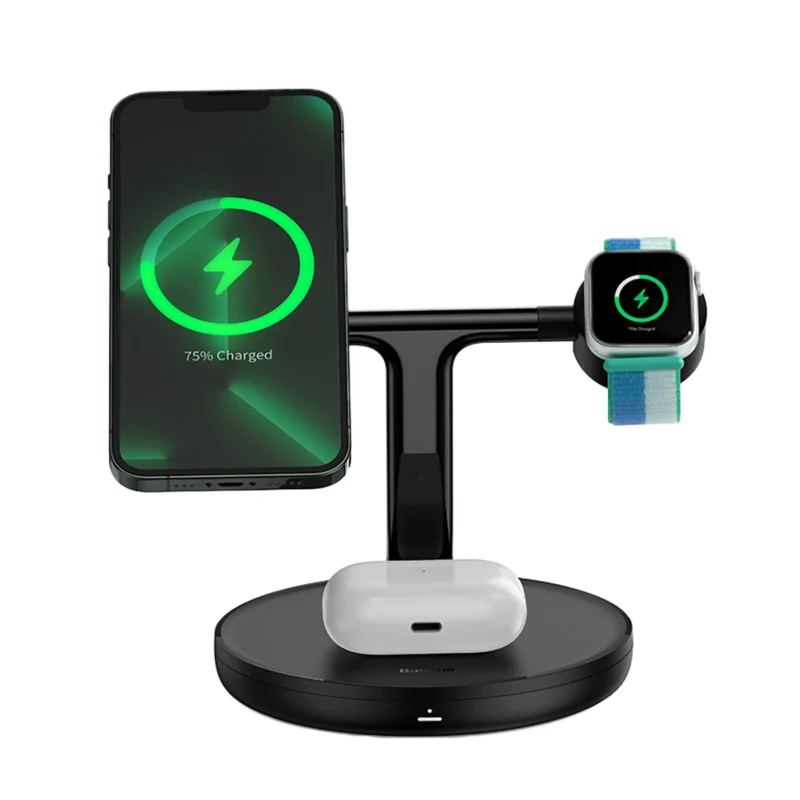Baseus Swan induksjonslader (kompatibel med MagSafe) stativ for iPhone, Apple Watch, AirPods + 1m USB-C-kabel svart (WXTE000101)