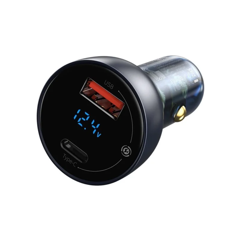 Baseus USB / USB Type C bil-lader 65 W 5 A SCP Hurtiglading 4.0+ Power Delivery 3.0 LCD-skjerm grå (CCKX-C0G)