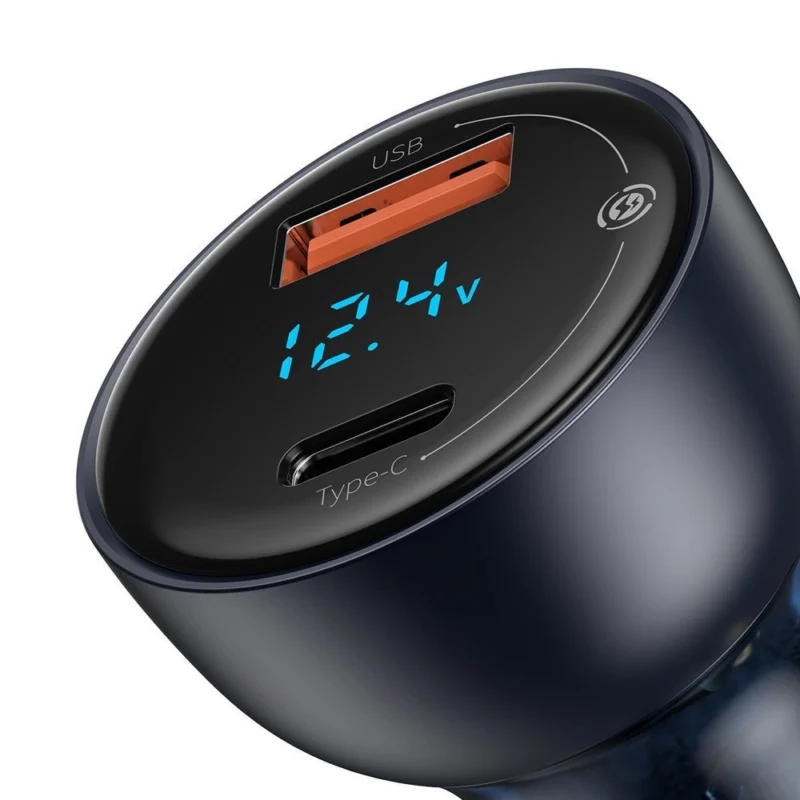 Baseus USB / USB Type C bil-lader 65 W 5 A SCP Hurtiglading 4.0+ Power Delivery 3.0 LCD-skjerm grå (CCKX-C0G)