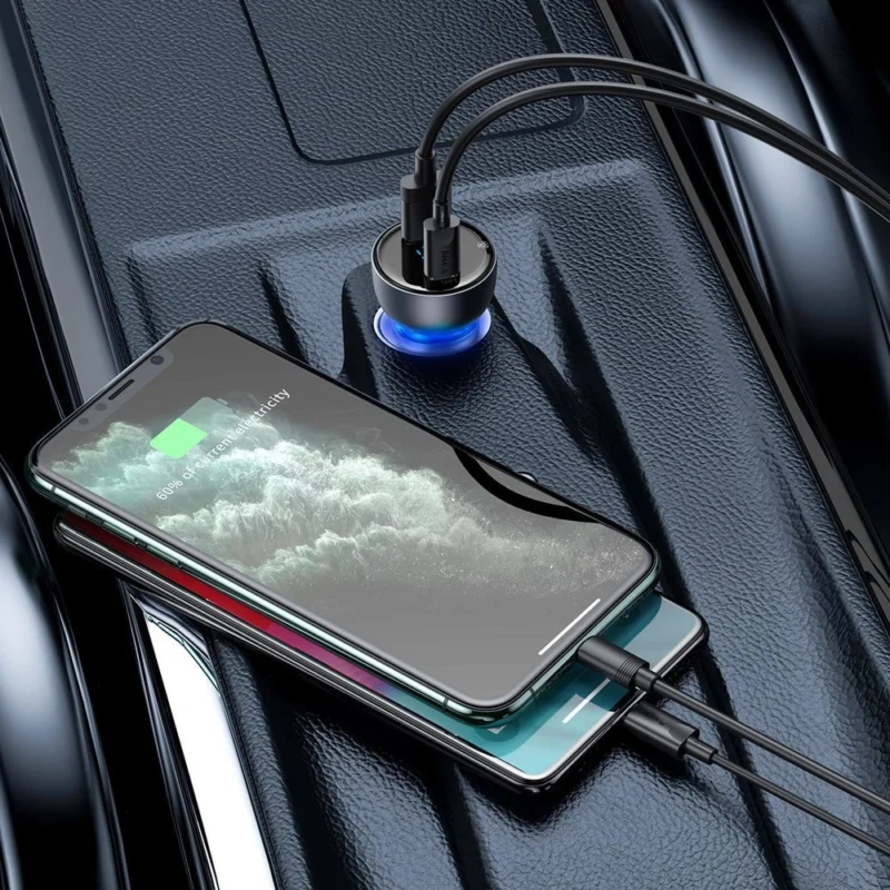 Baseus USB / USB Type C bil-lader 65 W 5 A SCP Hurtiglading 4.0+ Power Delivery 3.0 LCD-skjerm grå (CCKX-C0G)