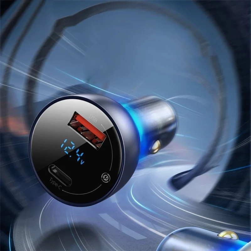 Baseus USB / USB Type C bil-lader 65 W 5 A SCP Hurtiglading 4.0+ Power Delivery 3.0 LCD-skjerm grå (CCKX-C0G)
