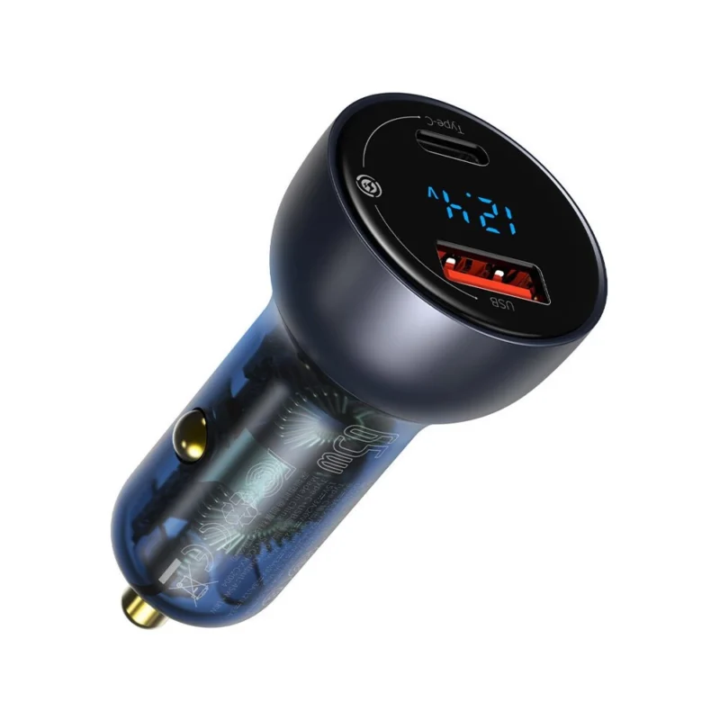 Baseus USB / USB Type C bil-lader 65 W 5 A SCP Hurtiglading 4.0+ Power Delivery 3.0 LCD-skjerm grå (CCKX-C0G)