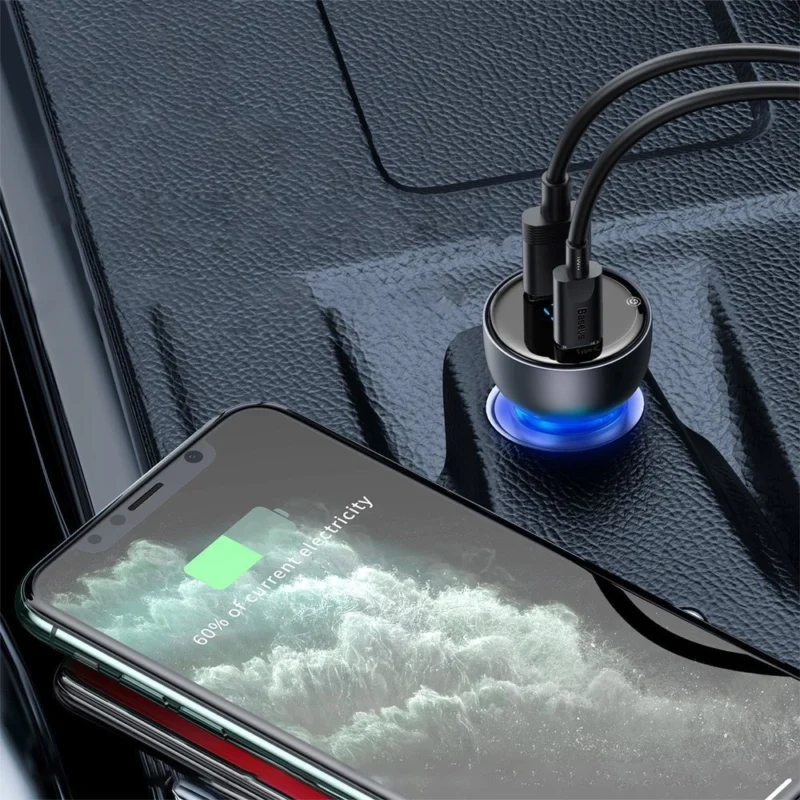 Baseus USB / USB Type C bil-lader 65 W 5 A SCP Hurtiglading 4.0+ Power Delivery 3.0 LCD-skjerm grå (CCKX-C0G)