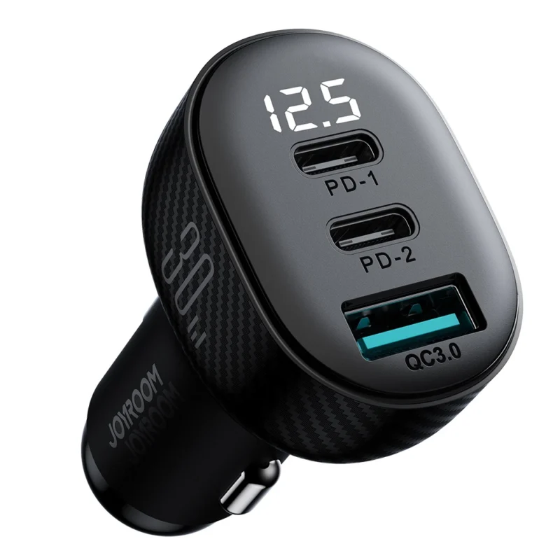 Joyroom JR-CCD04 30W 2x USB-C USB-A bil-lader med skjerm - svart