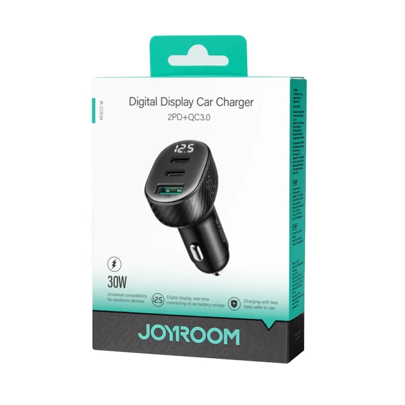 Joyroom JR-CCD04 30W 2x USB-C USB-A bil-lader med skjerm - svart