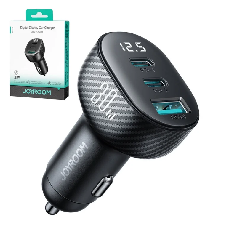 Joyroom JR-CCD04 30W 2x USB-C USB-A bil-lader med skjerm - svart